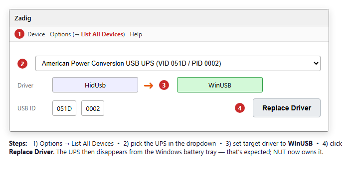 Zadig driver swap